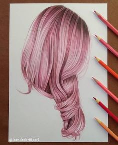 a drawing of a woman's head with pink hair and pastel pencils