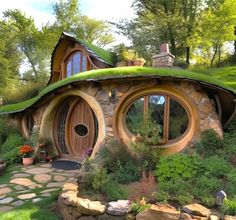 a house made out of rocks and grass