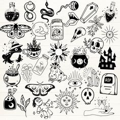 a collection of halloween doodles on a white background with black and white inks