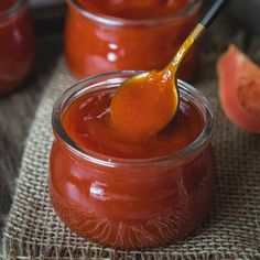 a spoon full of tomato sauce with two slices of watermelon in the background