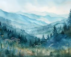 a watercolor painting of mountains and trees in the distance with blue fog rolling over them