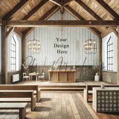 the interior of a church with wooden pews and benches in front of an open window