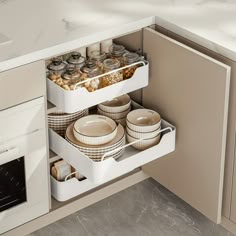 an open cabinet in a kitchen filled with dishes