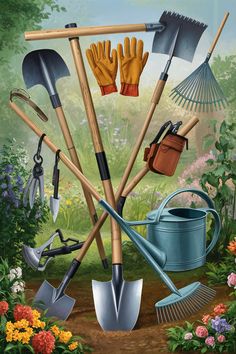 there are many gardening tools in the garden and one is holding a watering can, shovels, and gloves