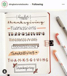 an open notebook with thanksgiving writing on it and some markers next to it, along with two pens