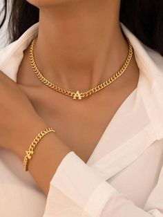 Yellow Gold  Collar  Iron   Embellished   Women's Fashion Jewelry Casual Party Outfit, Thick Chain Necklace, Women's Jewelry Sets, Gold Collar, Watches Women Fashion, Chic Jewelry, Hip Hop Fashion, Clothes Gift, Bracelet Set