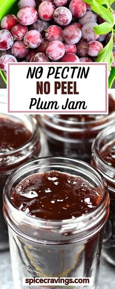 plum jam in jars with text overlay saying no pel plum jam, no pel