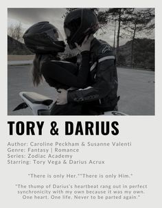 two people sitting on a motorcycle with the caption story & daius written below