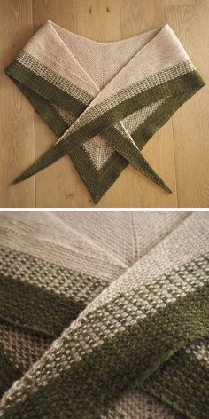 basic knitted shawl in beige color with green edging laying on the wooden floor How To Knit A Shawl For Beginners, 2 Color Shawl Knit Patterns, Free Knitted Wrap Patterns, Shawl Scarf Pattern Free Knitting, Shawl Knitting Patterns Easy, Easy Knit Triangle Shawl Free Pattern, Simple Shawl Knitting Pattern, Free Knit Shawl Patterns Easy, Knit Shawls And Wraps Patterns Free Easy