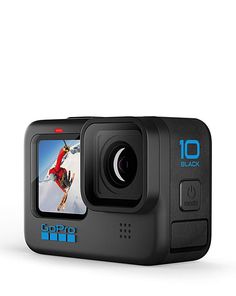 the gopro hero action camera is shown in front of a white background with an image of a snowboarder on it