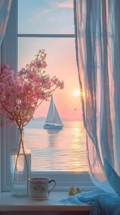 a vase filled with flowers sitting next to a window sill on top of a table