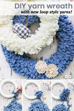 the yarn wreath is made with two different types of yarn and has flowers on it