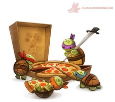 an image of some kind of cartoon character with pizzas in the shape of turtles