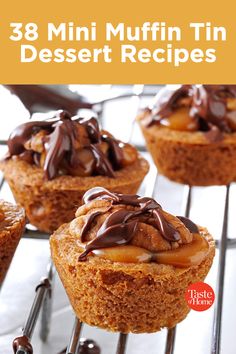 mini muffin tin desserts with chocolate drizzled on top and text overlay