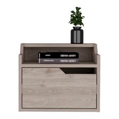 a wooden cabinet with a plant on top and books in the bottom drawer next to it