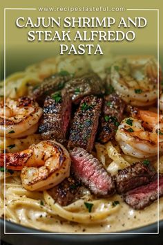 This Cajun Shrimp and Steak Alfredo Pasta combines the bold spices of Cajun seasoning with the creamy richness of Alfredo sauce, creating a comforting and satisfying dish that’s perfect for dinner. Loaded with tender steak, juicy shrimp, and pasta coated in a creamy sauce, this recipe is sure to impress! Tgif Cajun Chicken And Shrimp Pasta, Cajun Steak And Shrimp Pasta, Steak And Shrimp Alfredo Pasta, Creamy Cajun Steak Alfredo, Cajun Shrimp And Steak Alfredo Pasta, Steak Alfredo Pasta Recipes, Cajun Steak Pasta, Cajun Alfredo Sauce Recipe, Shrimp And Steak Alfredo Pasta