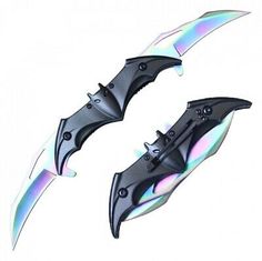 two black blades with iridescent paint on them