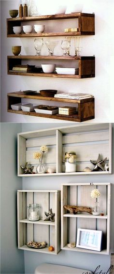 some shelves that have different types of items on them