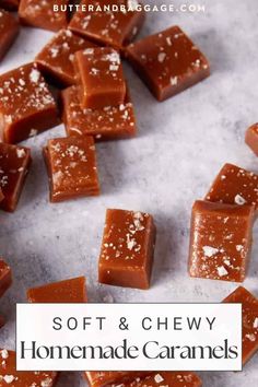 soft and chewy homemade caramels on a sheet of parchment paper with text overlay