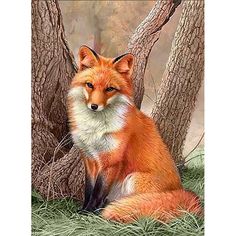 a painting of a red fox sitting in the grass next to a tree with its eyes closed