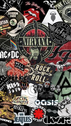 many different stickers and decals on a black background with the words rock'n roll written below them