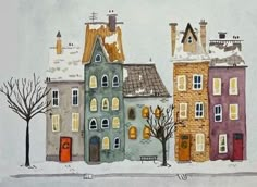 a painting of some houses in the snow with trees on each side and one red door