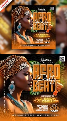 two flyers for a party with an african woman in headdress and jewelry on it