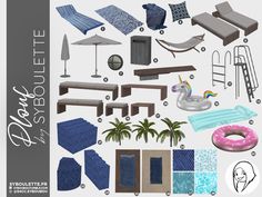 an assortment of different types of furniture and accessories for the pool or spa room in 3d