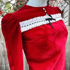 Shoulders 14.5 inches Sleeves 24 inches Bust 34 inches Waist 30 inches Hips 38 inches Length 34 inches Excellent condition. Red Vintage Costume Dress, Retro Long Sleeve Vintage Dress For Costume, Retro Long Sleeve Vintage Costume Dress, Red Long Sleeve Vintage Dress, Retro Red Dress For Costume Party, 60s Velvet Dress, Red Velvet Mini Dress, Horror Clothing, Horror Clothes