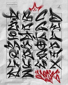 some type of graffiti written on paper with red and black spray paint in the middle