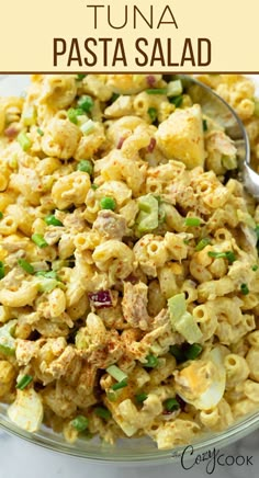 this tuna pasta salad is loaded with lots of fresh ingredients and ready to be eaten