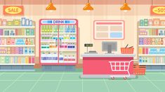 an illustration of a grocery store with drinks and juices on the shelves for sale