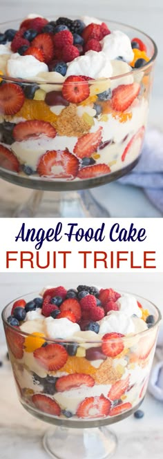 an angel food cake with fruit trifle in the middle and another photo on top