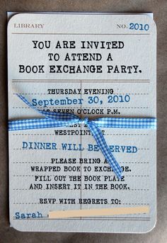 a ticket for a door exchange party with blue ribbon on it's end and the words you are living to attend a door exchange party