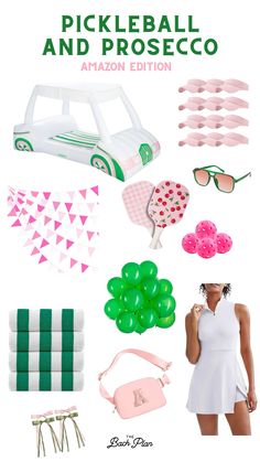 the cover of pickleball and proseco's book, with pink and green accessories