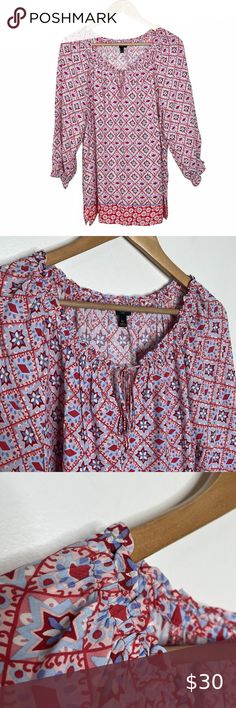 Talbots Boho Geometric Top Red Blue Womens 1X Colorful Peasant Blouse Geometric Top, Boho Geometric, Peasant Blouse, Tie Neck, Red Blue, Red And Blue, Ruffle Blouse, Plus Fashion, Fashion Trends