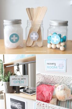 there are some jars with wooden spoons and toothbrushes on the shelf next to each other