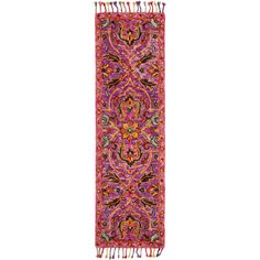 a purple and red rug with fringes on the bottom, in front of a white background