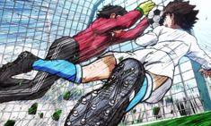 a drawing of two people playing soccer in front of a glass wall with grass and blue sky