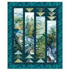 a quilted wall hanging with trees and mountains in the background, along with an image of a waterfall