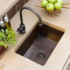 a kitchen sink with plants and soap bottles on the counter top next to it,