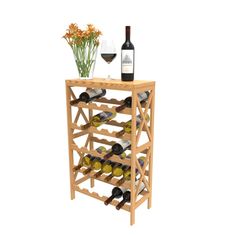 a wooden wine rack with bottles and glasses