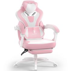 a pink and white office chair with the seat up on it's back end