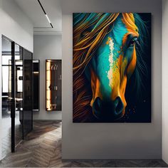 a painting of a horse is hanging on the wall