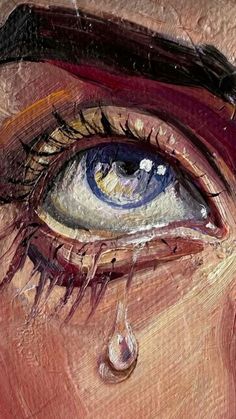 an oil painting of a woman's blue eye with teary tears on it