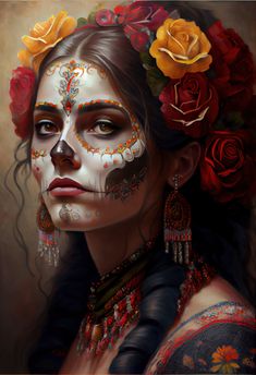 a painting of a woman with flowers in her hair and face painted to look like a skeleton