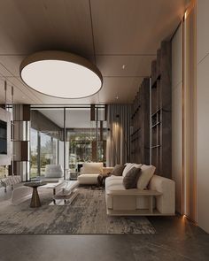 a living room with couches, chairs and tables in front of glass doors that look out onto the outdoors