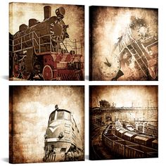 four different pictures of trains in sepia tones