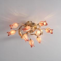 a chandelier that is hanging from the ceiling with pink flowers on it's petals