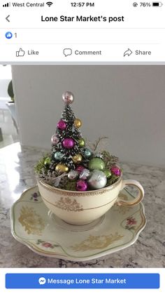 a small christmas tree in a teacup on a saucer, with ornaments around it